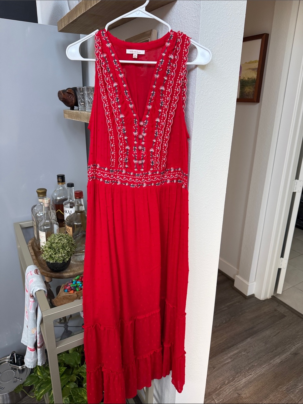 Skies Are Blue Red Sleeveless Embroidered V-Neck Maxi Dress